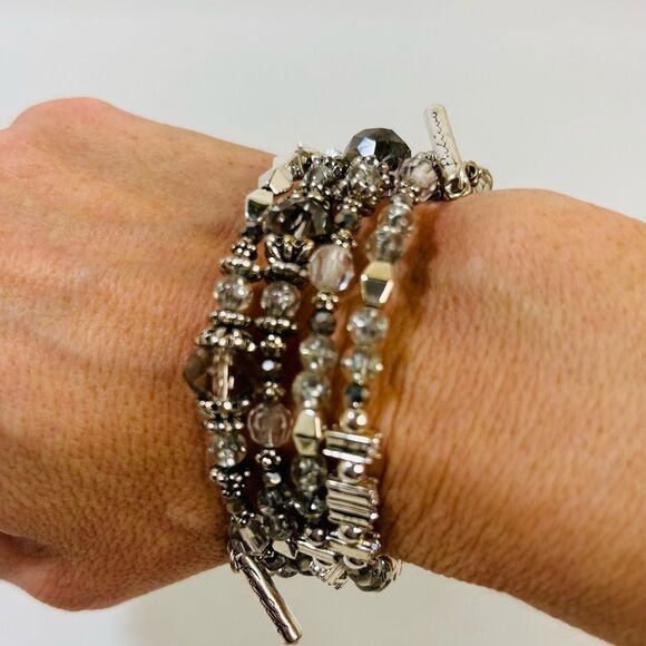 Silver and Gunmetal Beaded Stretch Bracelet Bangle - Picture 6 of 12